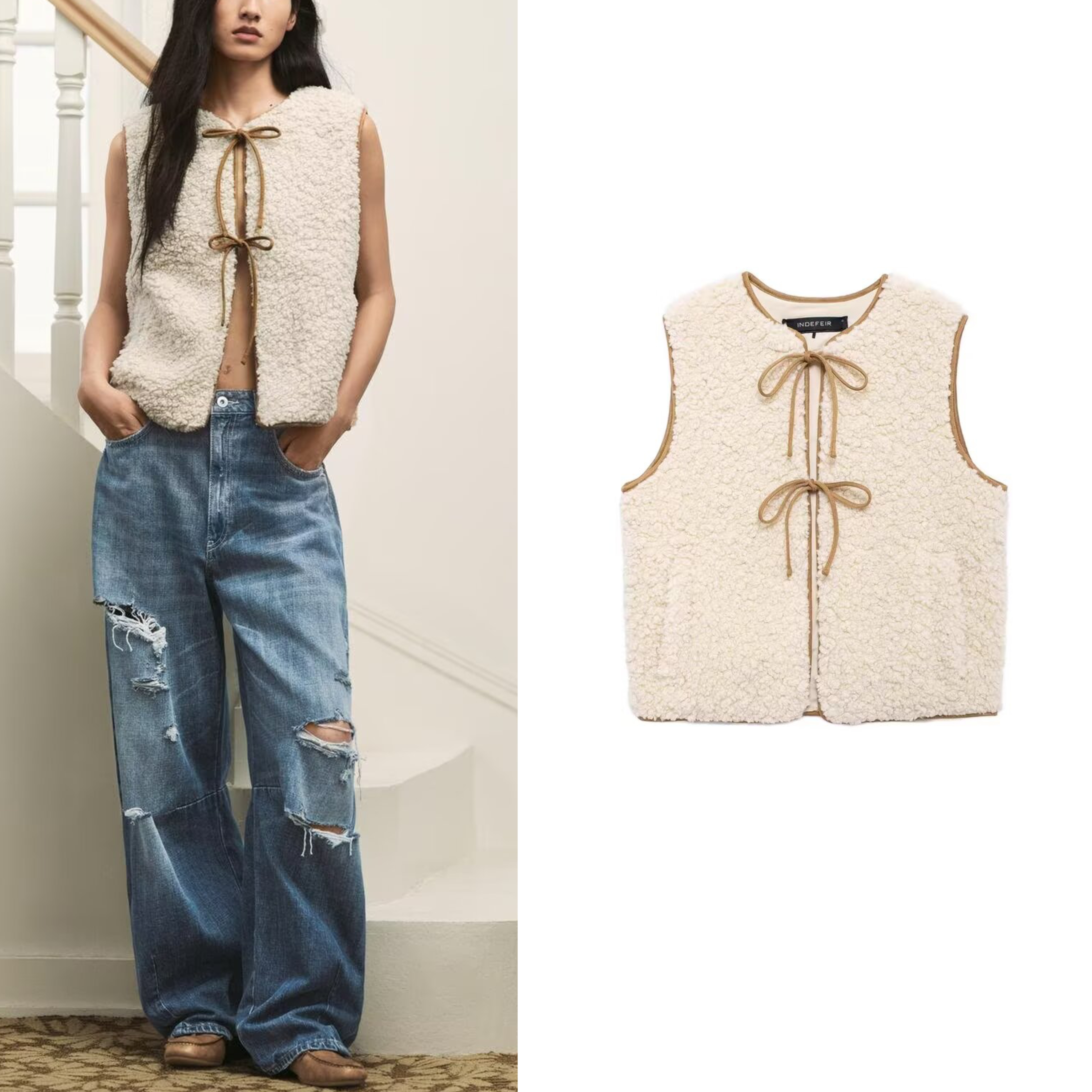 ZA 秋季新品女装法式休闲风圆领无袖蝴蝶结饰羊羔绒背心 3046826