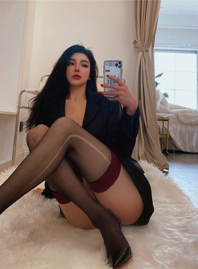 AMYJ 性感丝滑过膝防滑过膝长筒袜 撞色红边美腿超薄半截黑丝袜