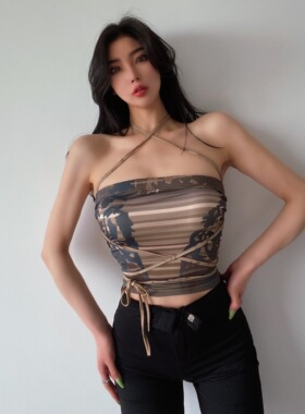 AMYJ 2024夏季新款迷彩挂脖个性绑带裹胸小背心 性感修身系绳吊带