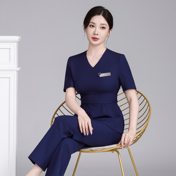 高端美容院足浴足疗技师工作制服女养生会所弹性按摩美容师套装夏