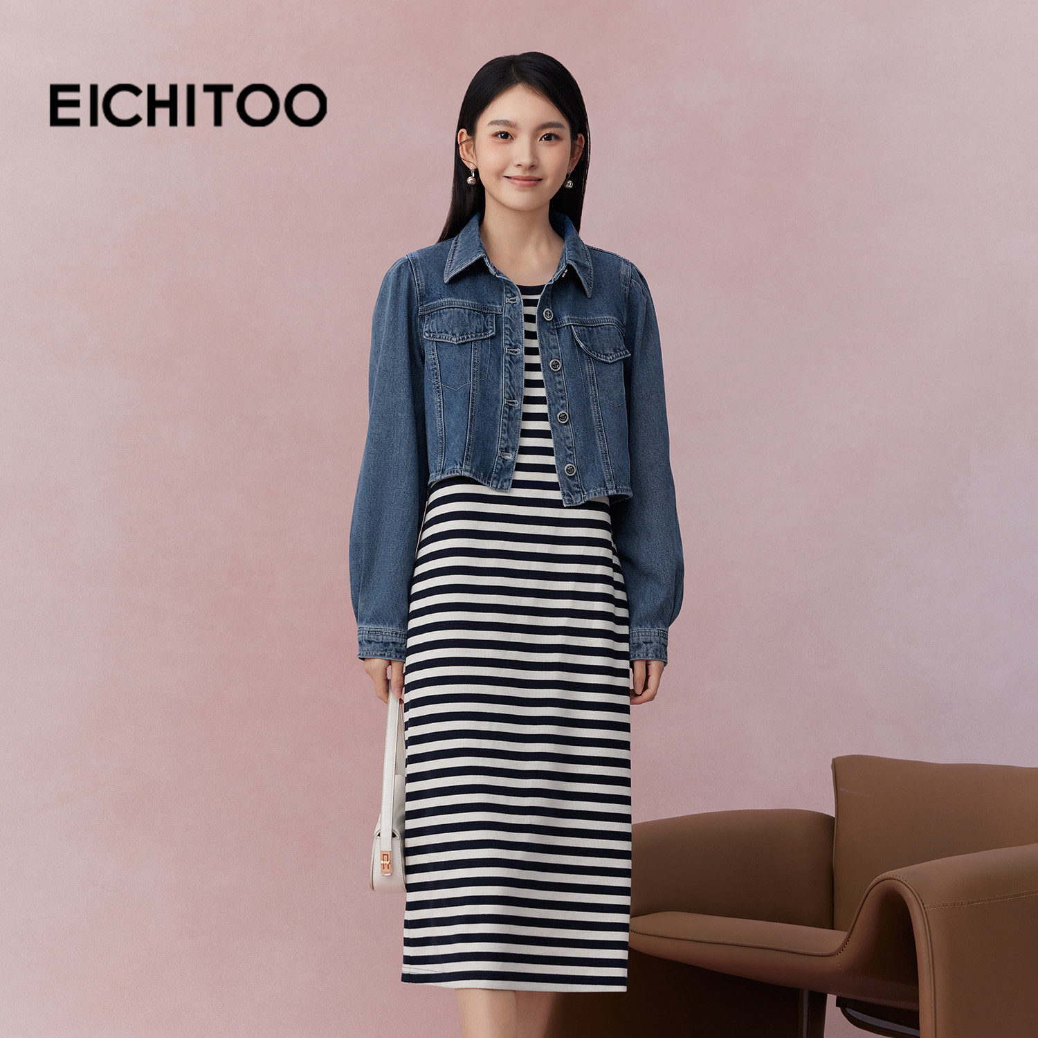 爱居兔时尚套装女2026年春季新款设计感条纹连衣裙搭牛仔短外套,女装/女士精品,连衣裙,淘宝优惠券,粉丝福利购,淘宝优惠卷