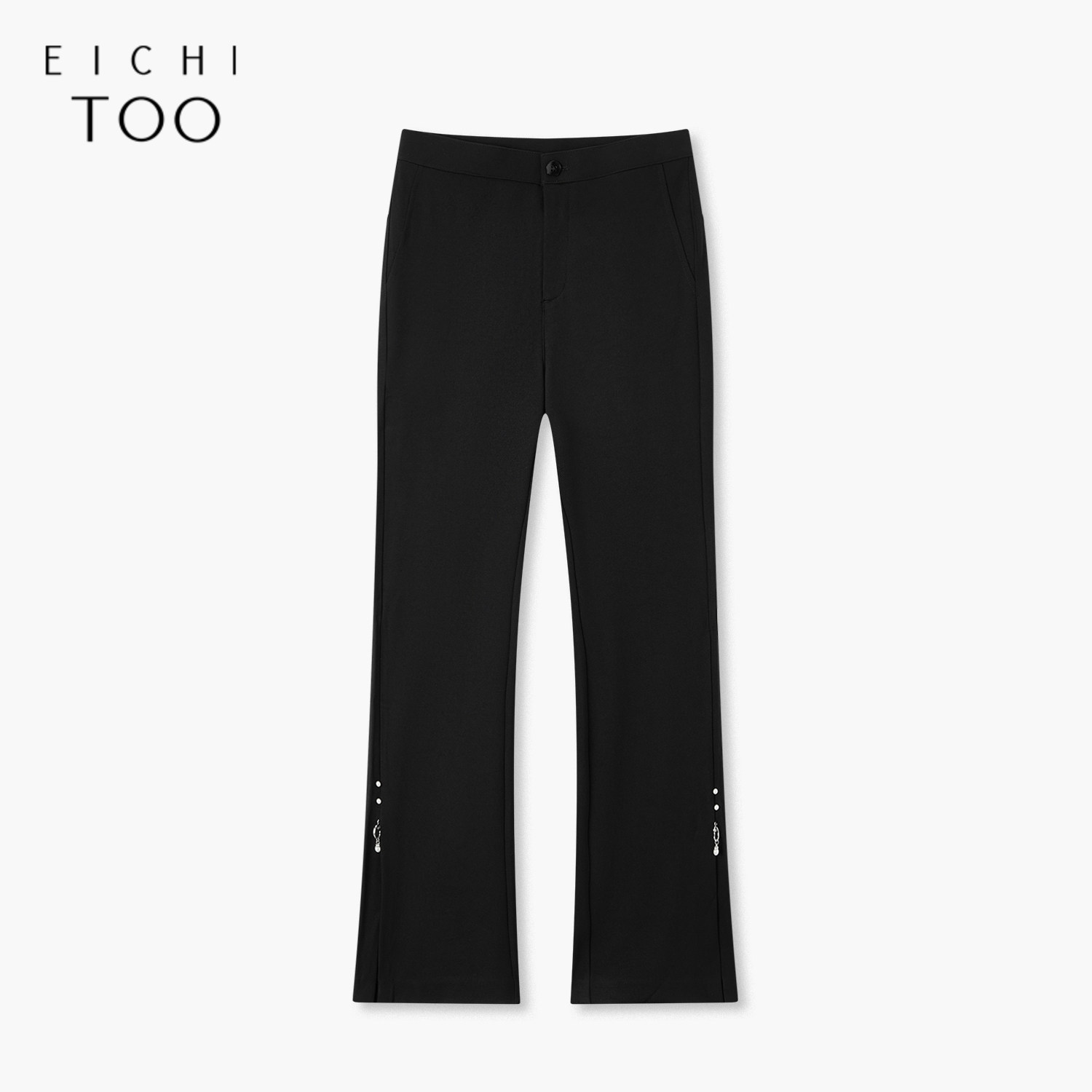 爱居兔黑色休闲喇叭裤女春秋新款开衩修身通勤长裤