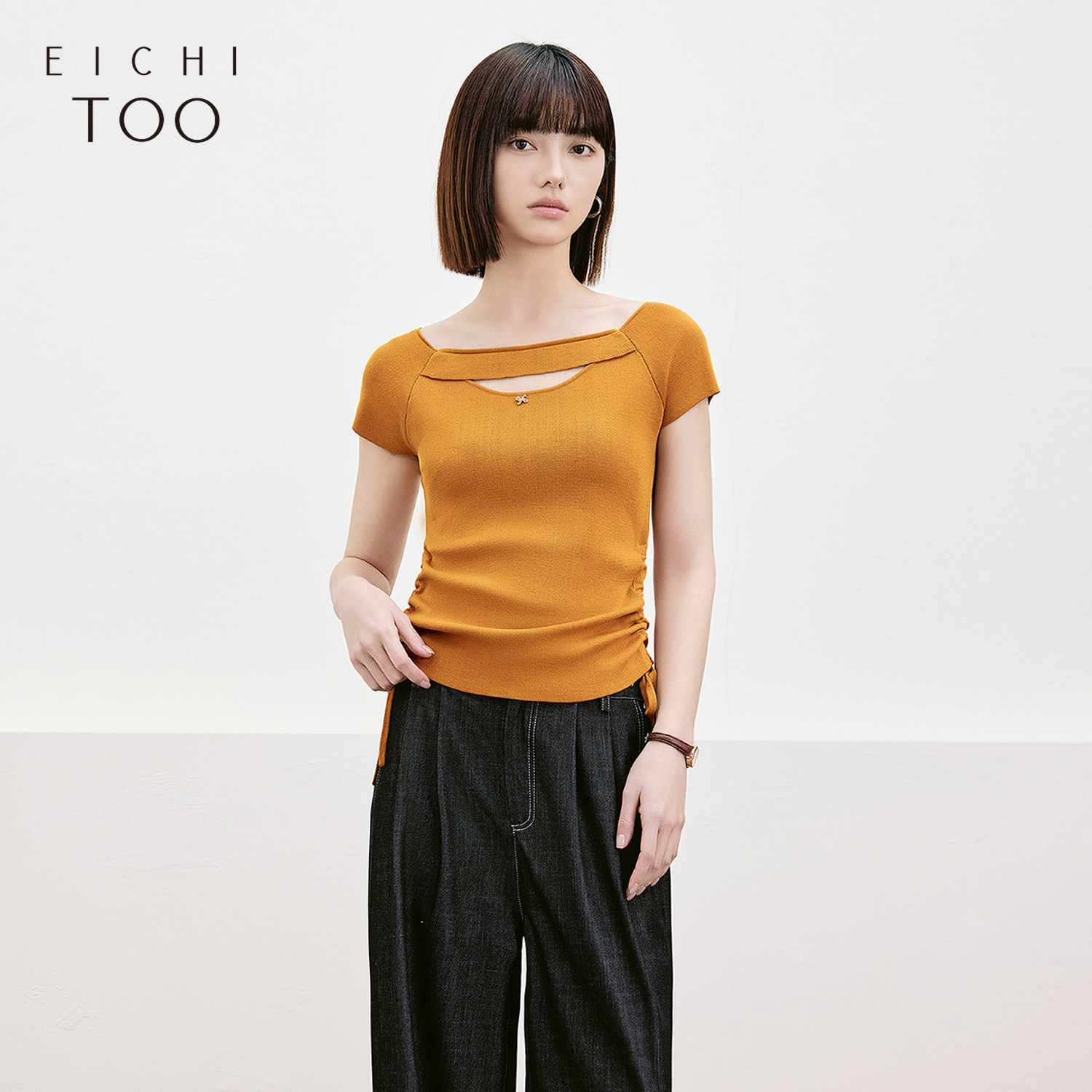 爱居兔设计感短袖针织衫女夏季新款系带收腰显瘦T恤