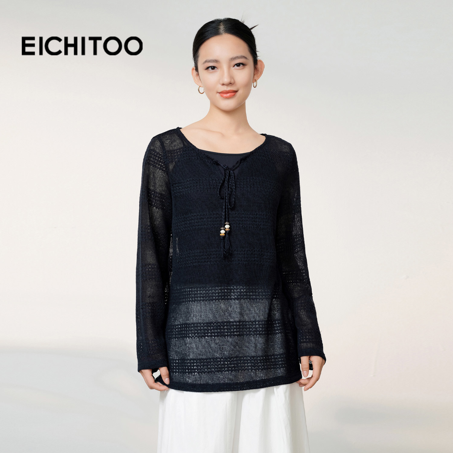 爱居兔度假风镂空针织衫女2026年春季新款含吊带内搭流苏系带罩衫