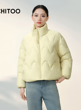 爱居兔黄色短款云朵立领羽绒服女2025年冬季新款绗缝面包服外套