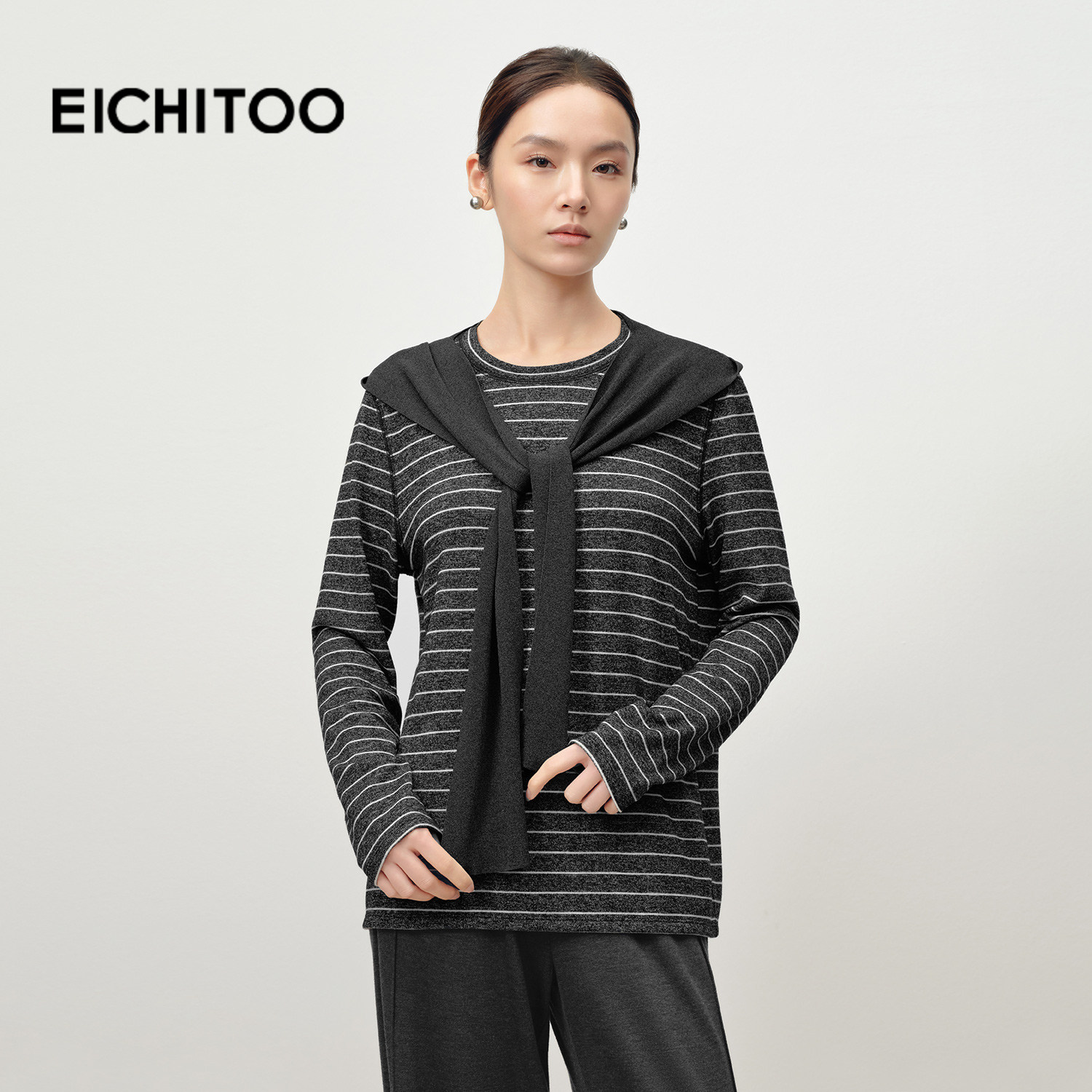 爱居兔仿毛衫摩登条纹针织衫女2025年秋季新款带披肩减龄长袖T恤