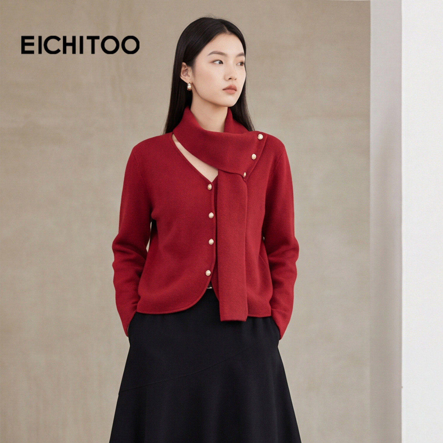 爱居兔红色氛围感带围脖针织开衫女2026年春季新款V领长袖毛衣