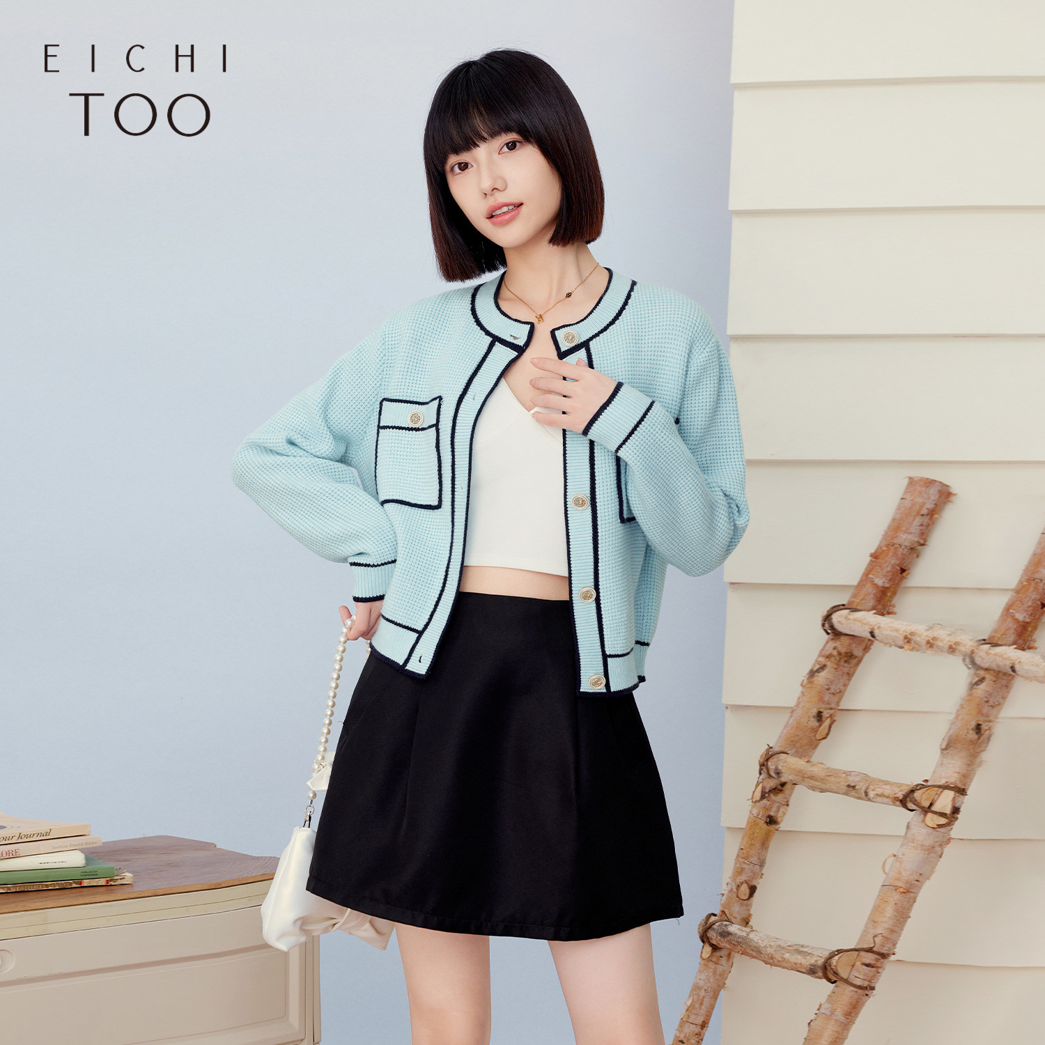 爱居兔春季新款基础圆领小香风针织衫外套