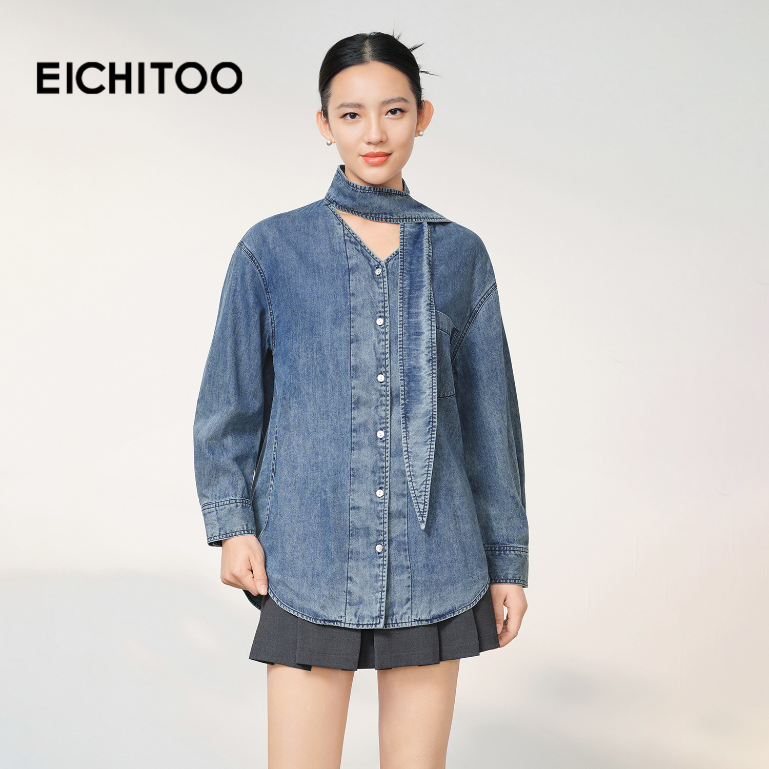 爱居兔系带领水洗牛仔衬衫女2026年春季新款含莱赛尔设计感上衣