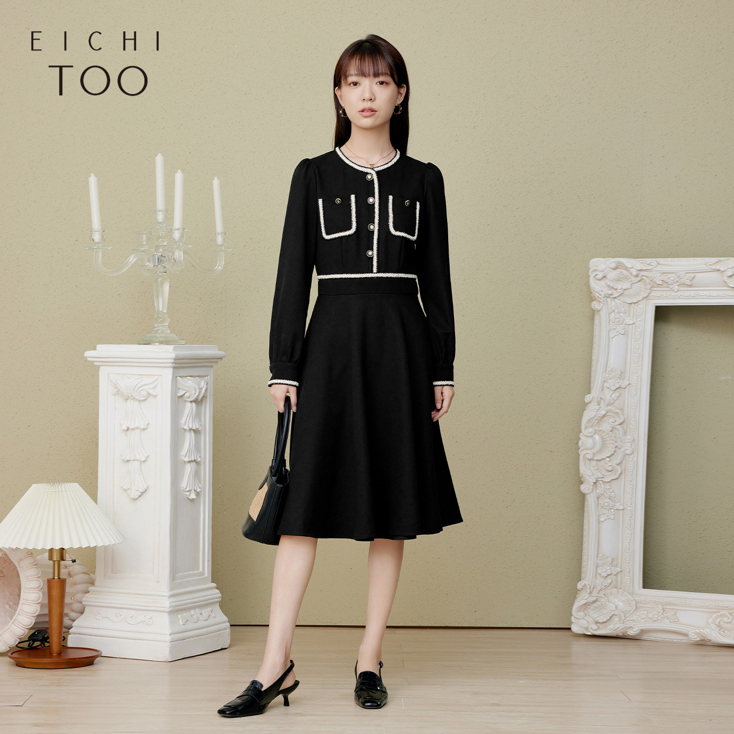 爱居兔春季新款肌理感时尚小香风织带设计感长袖连衣裙