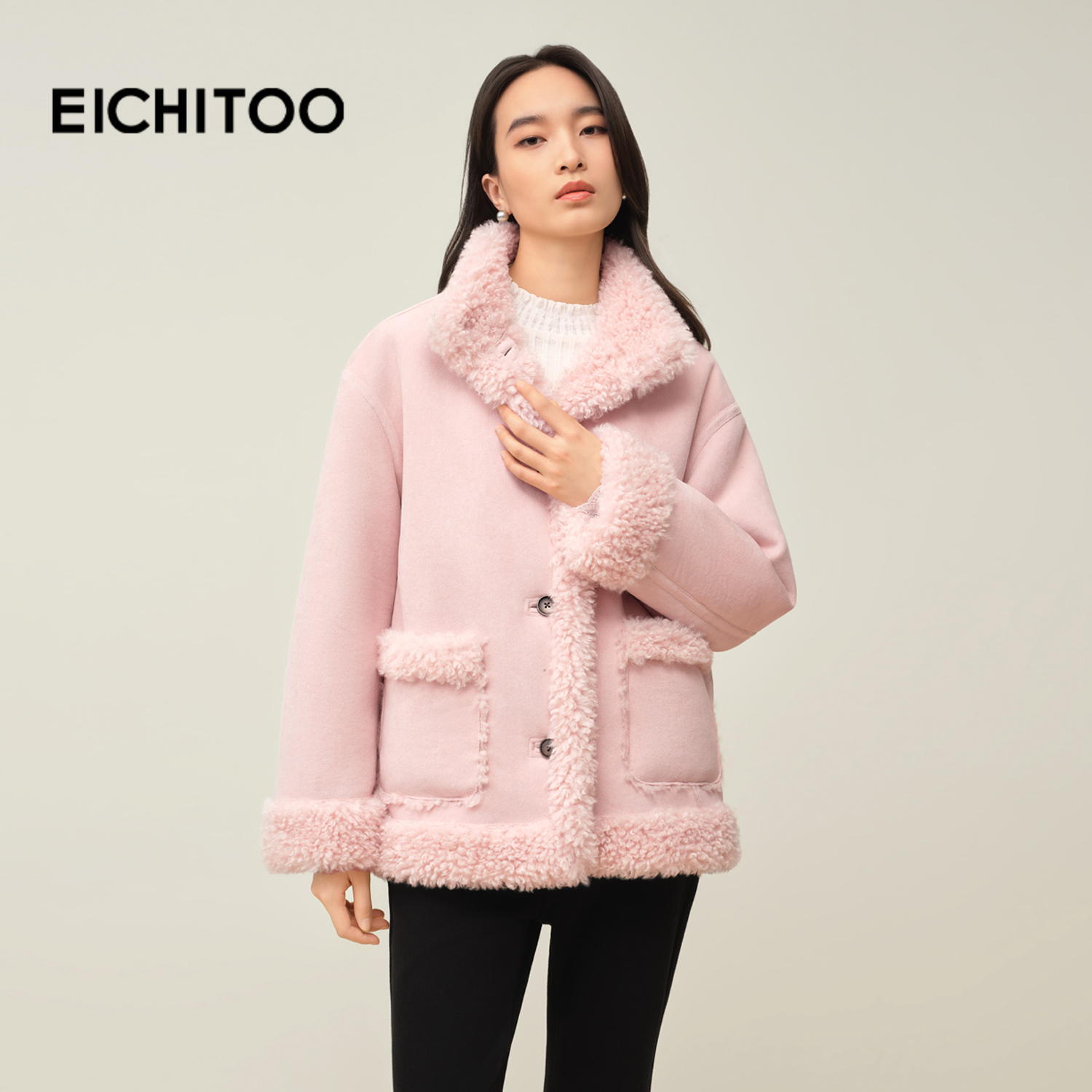 粉色麂皮仿羊羔绒外套