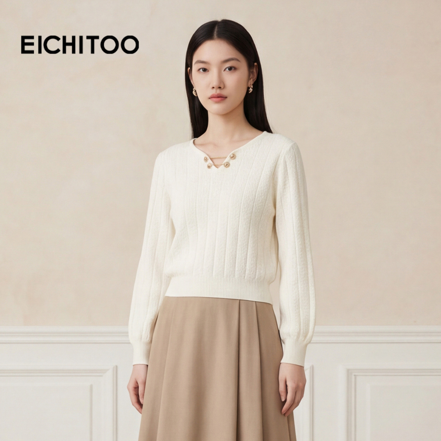 爱居兔白色简约气质针织衫2026年夏季新款女软糯舒适优雅长袖上衣