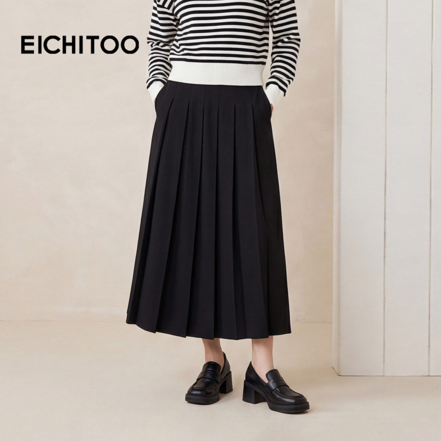 爱居兔简约百褶半身裙女2026年春季新款高腰显瘦百搭中长款A字裙