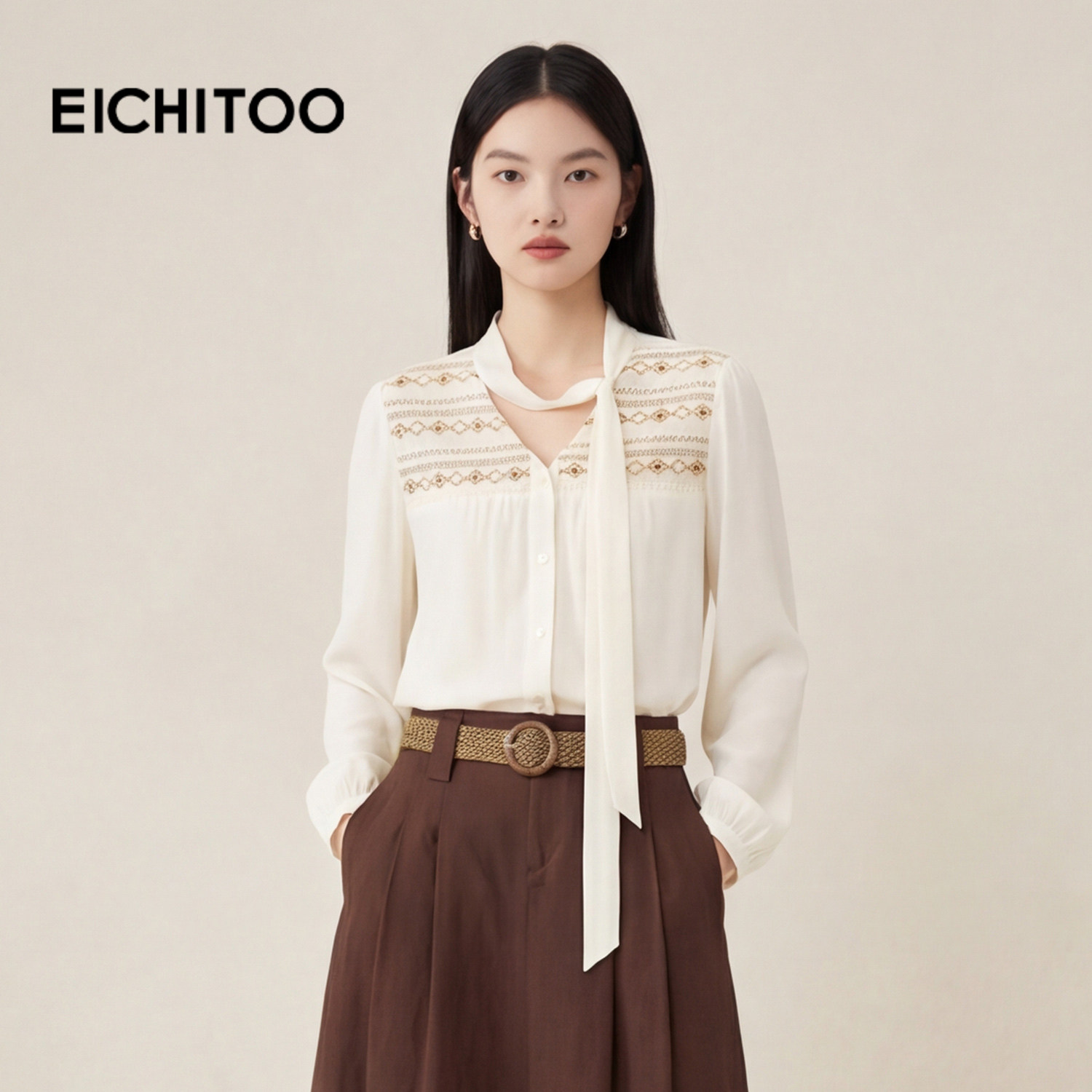 爱居兔简约绣花飘带V领衬衫女2026年春季新款百搭宽松雪纺上衣