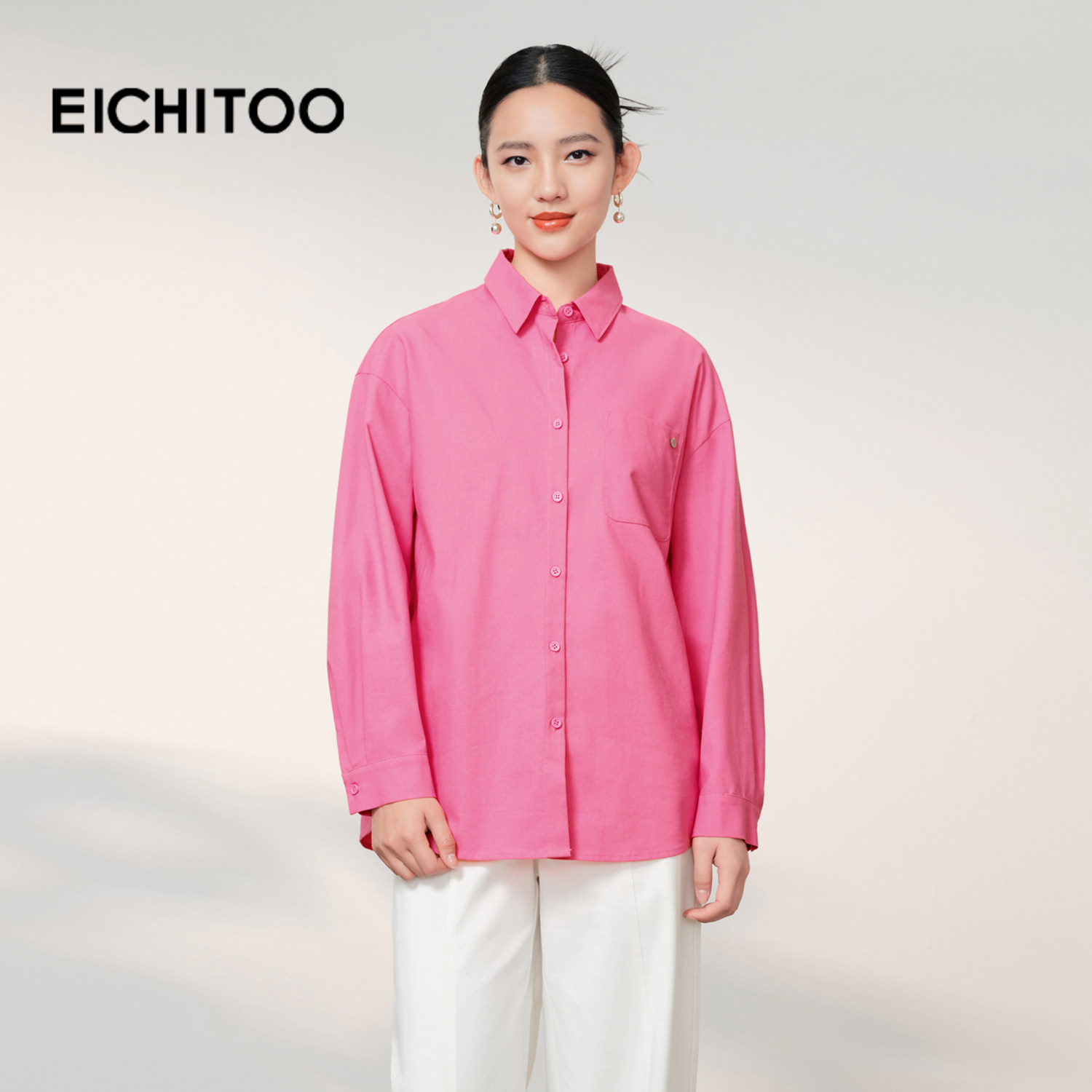 爱居兔多巴胺穿搭芭比粉翻领衬衫女2026年春季新款含亚麻休闲外套