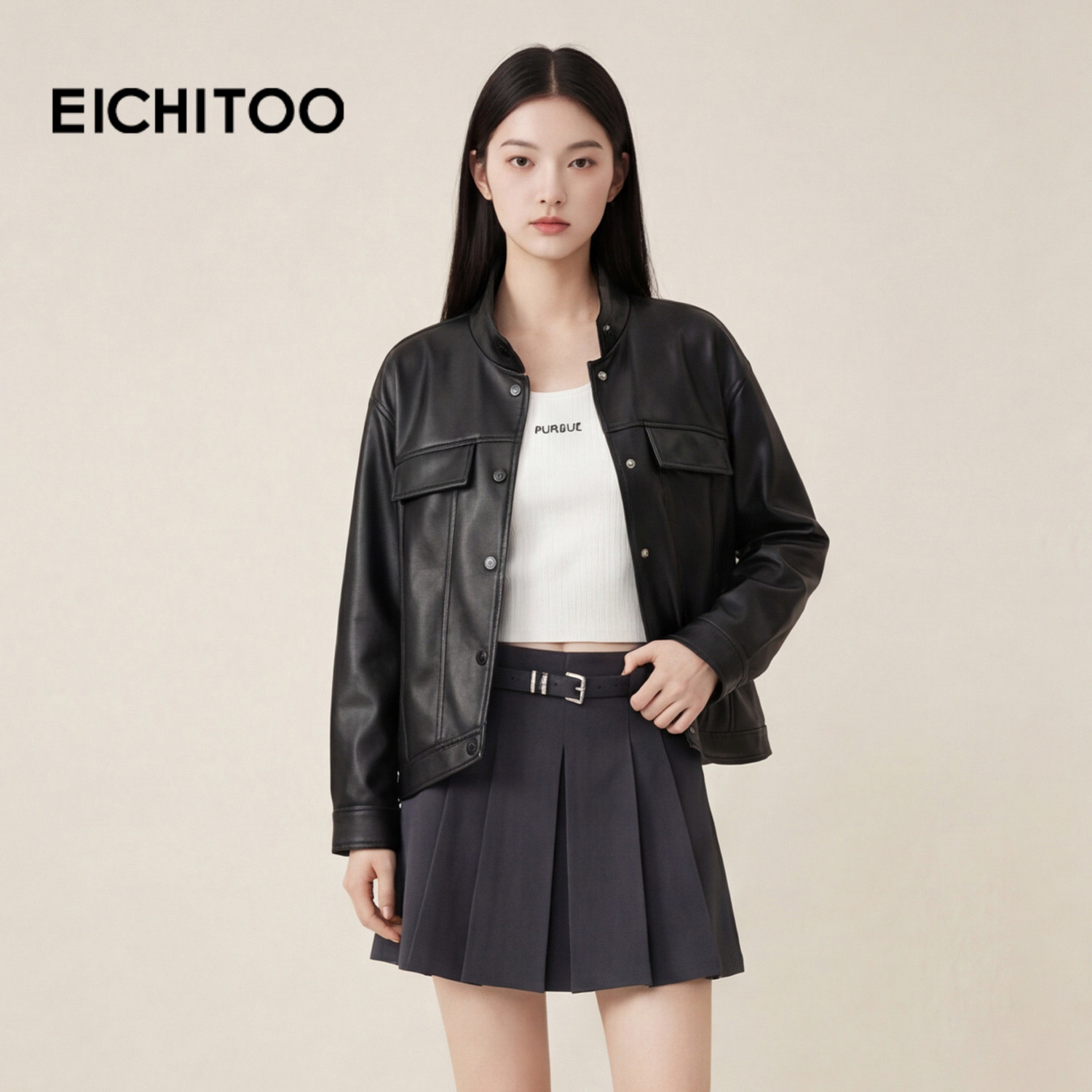 爱居兔时尚PU皮夹克女春秋新款机车风短外套