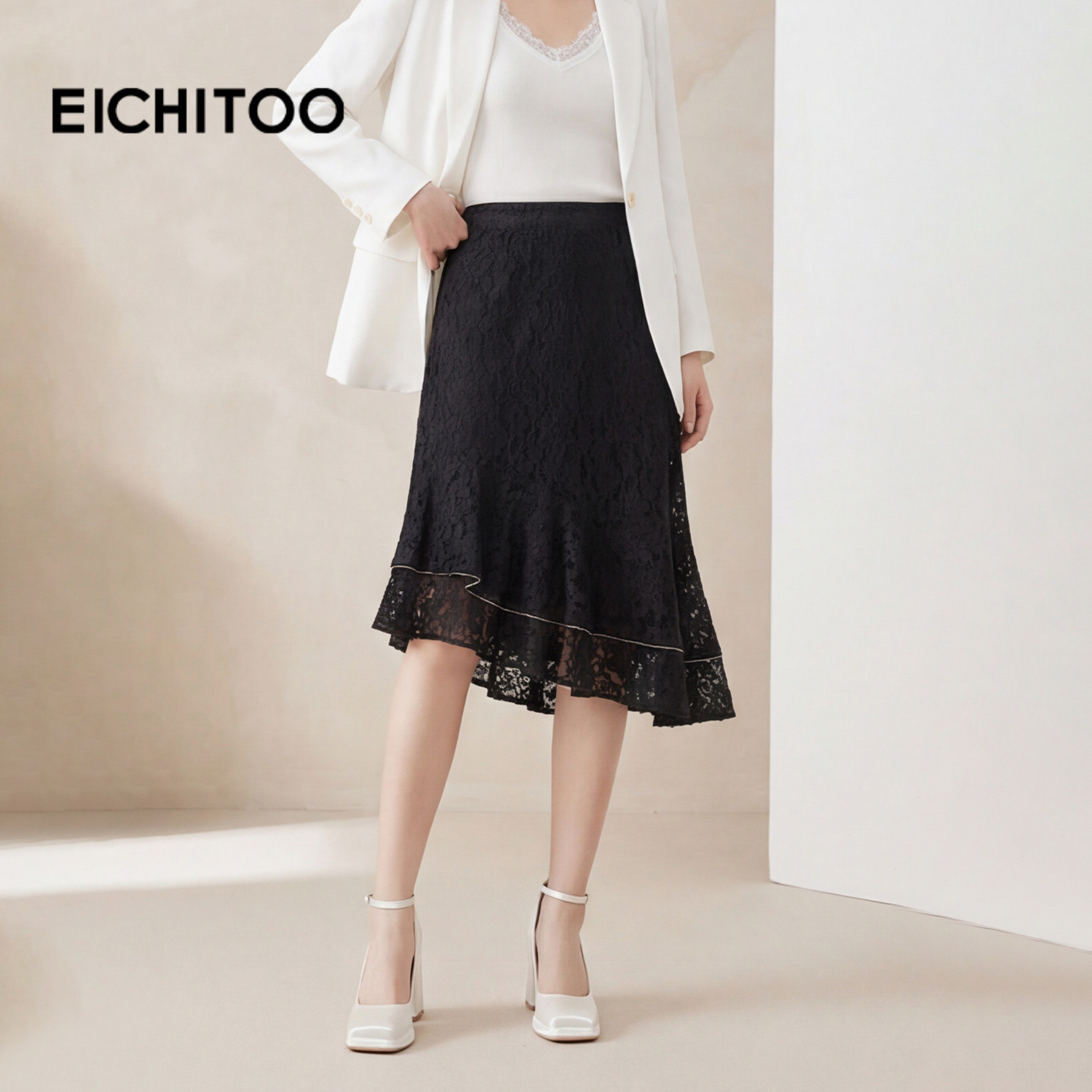 爱居兔黑色鱼尾半身裙女春秋新款中长高腰蕾丝包臀裙单裙