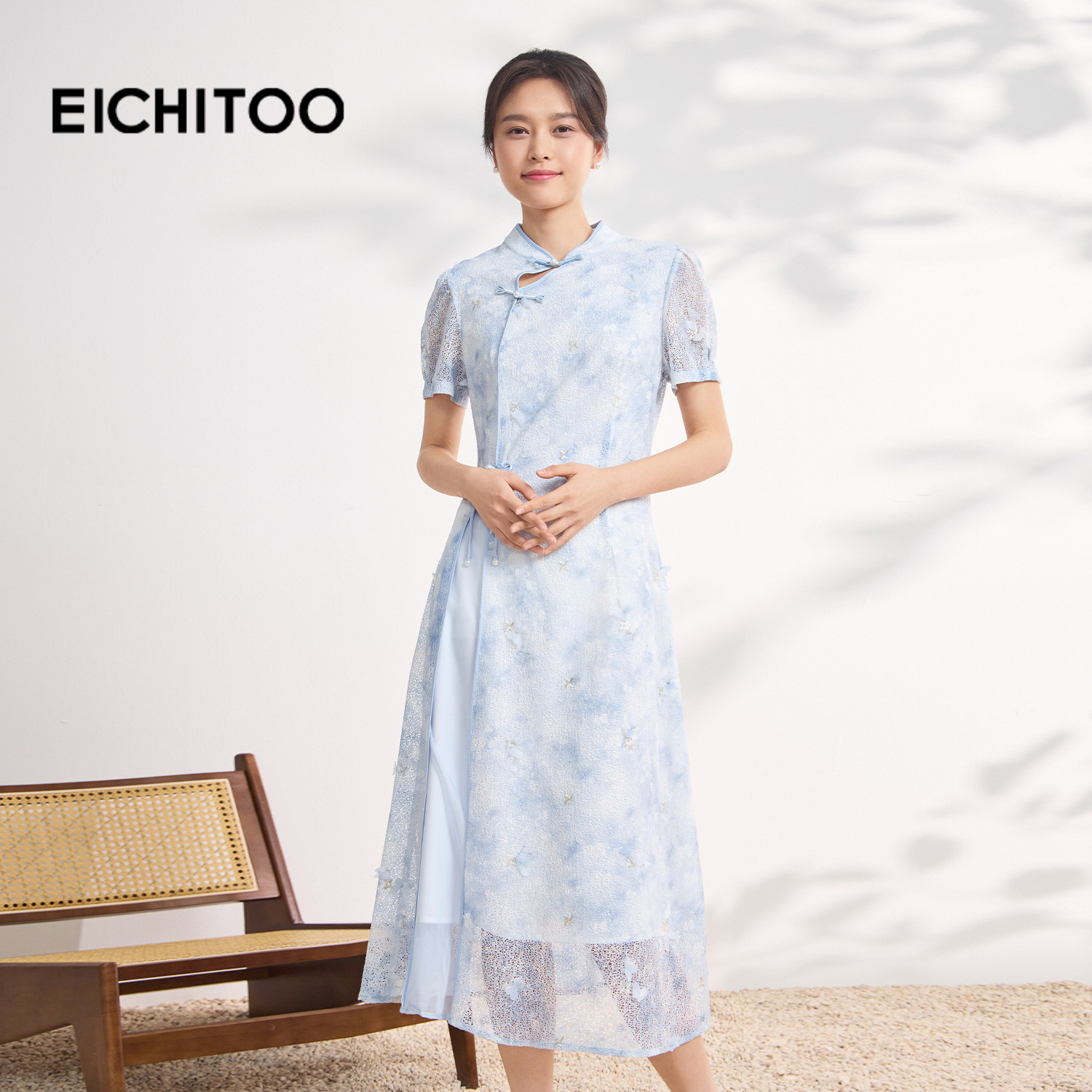 爱居兔品质新中式连衣裙2026年夏季新款女轻旗袍优雅开叉短袖裙