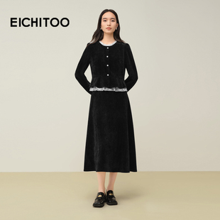 爱居兔假两件设计感蕾丝边连衣裙女2025年冬季 气质通勤小黑裙 新款