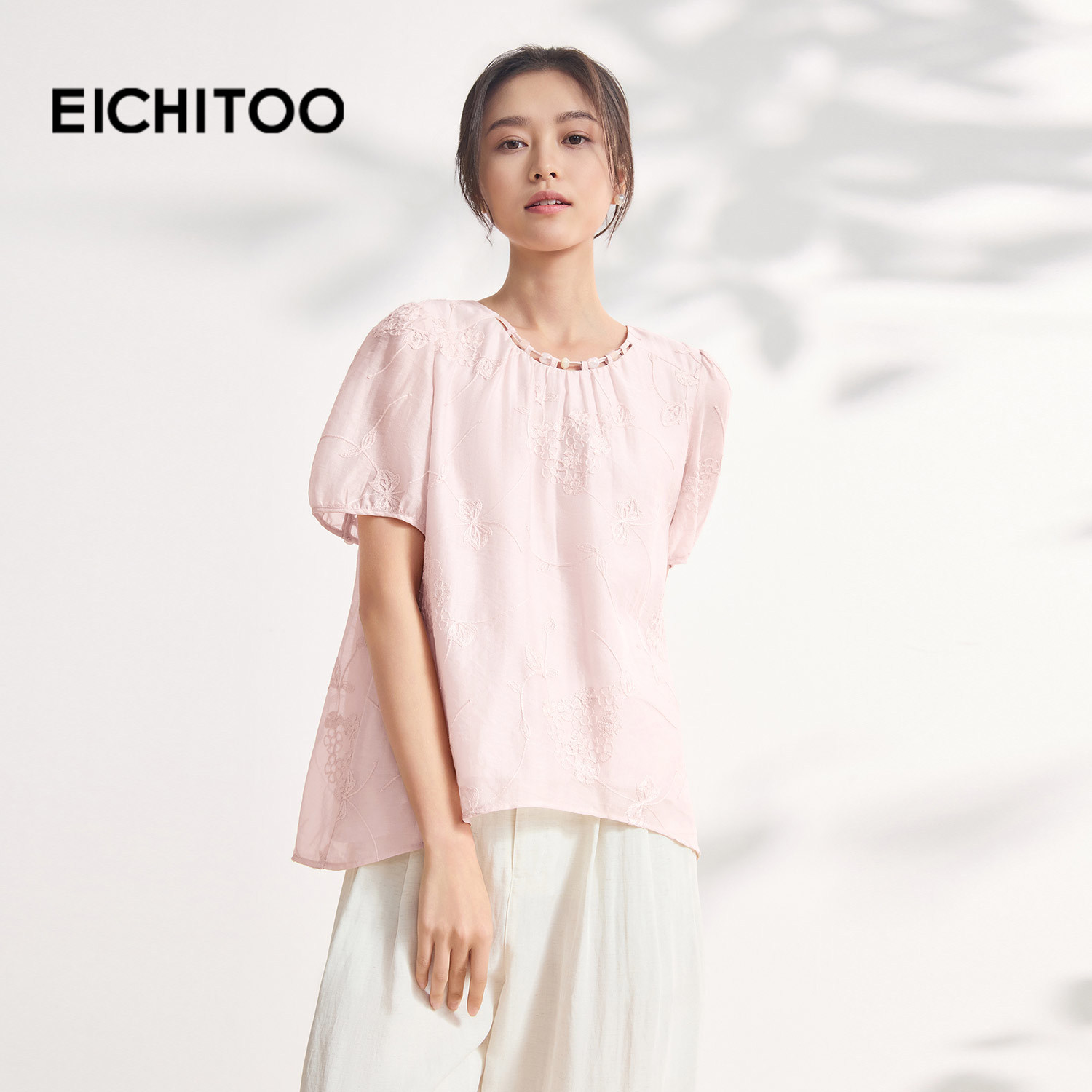 爱居兔淡粉色泡泡袖短袖衬衫女2026年夏季新款法式浪漫小衫雪纺衫