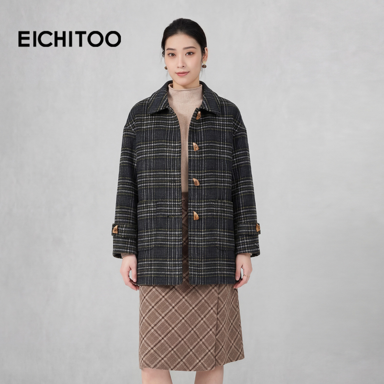 爱居兔拼色学院双面呢大衣2025年冬季新款女中长含绵羊毛毛呢外套