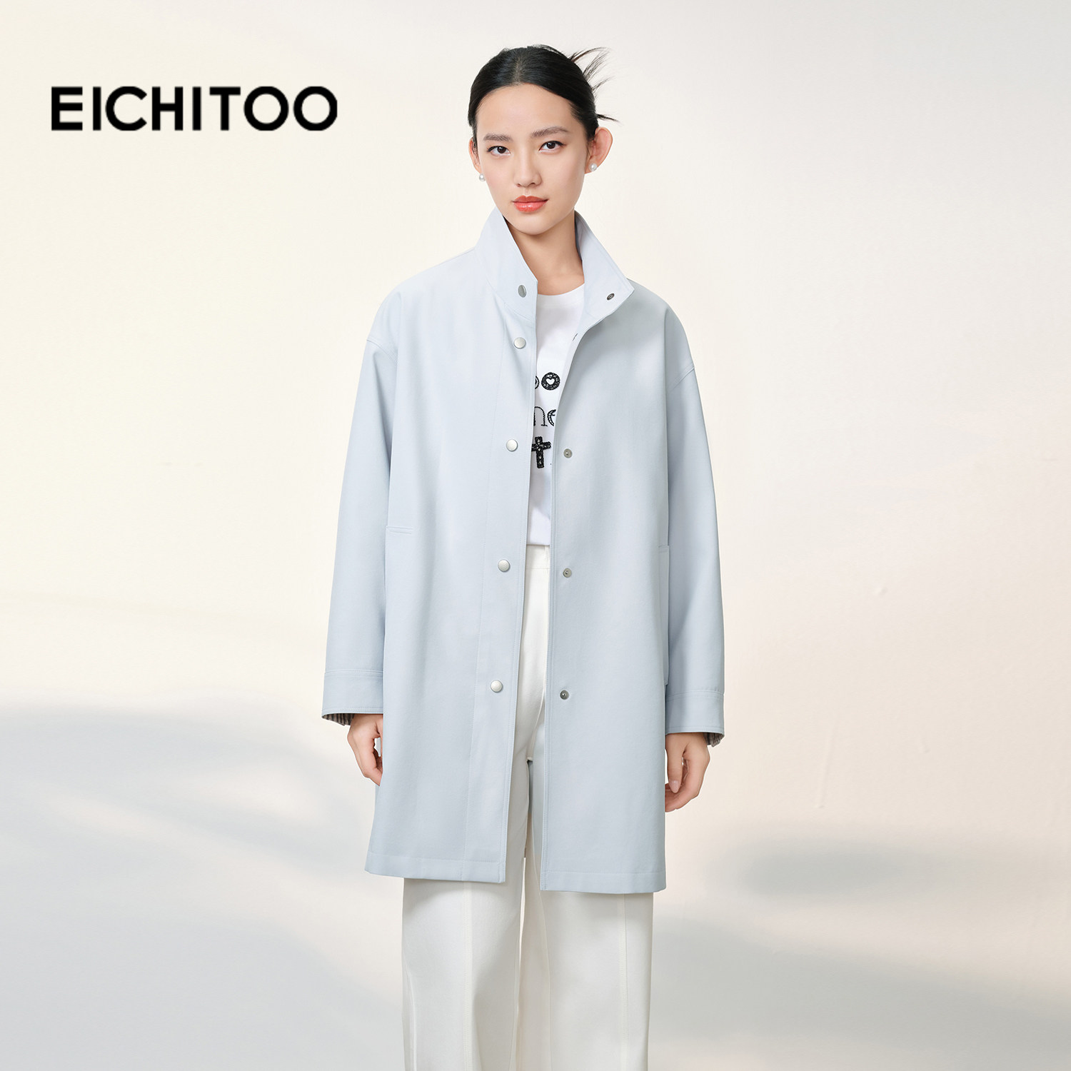 爱居兔立领廓形中长款风衣女2026年春季新款简约时尚休闲宽松外套