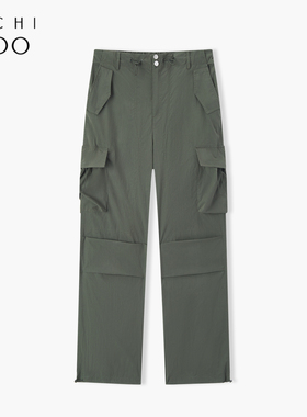 爱居兔秋季新款深绿色复古时尚降落伞库阔腿裤