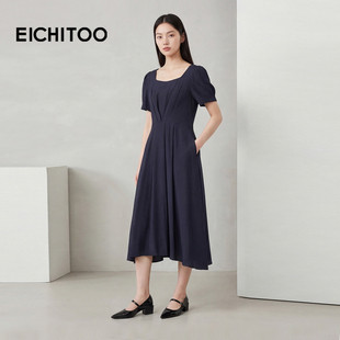 女舒适柔软裙摆飘逸时尚 新款 长裙 连衣裙2026年夏季 爱居兔纯色短袖