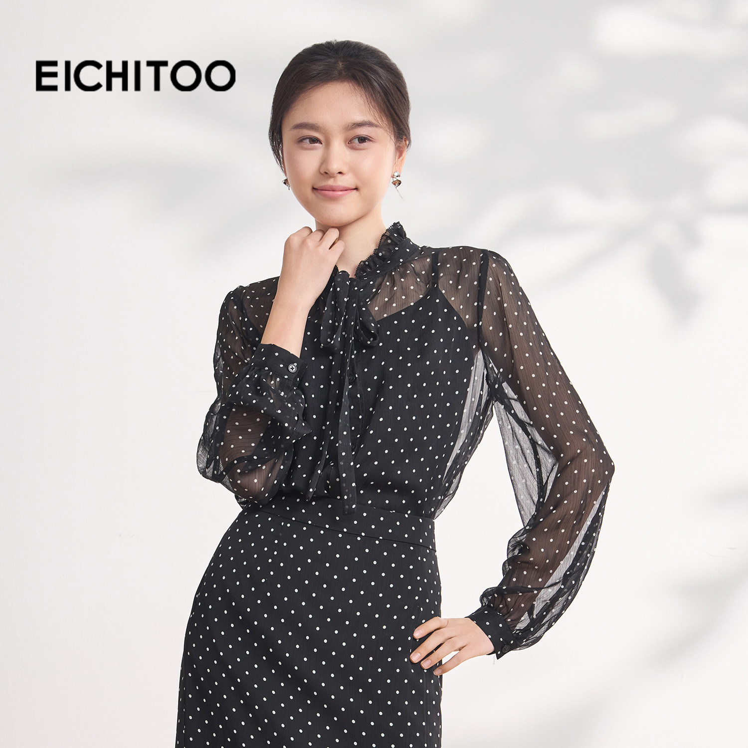 爱居兔优雅波点雪纺衫2026年夏季新款女含内衬显瘦舒适轻薄衬衫