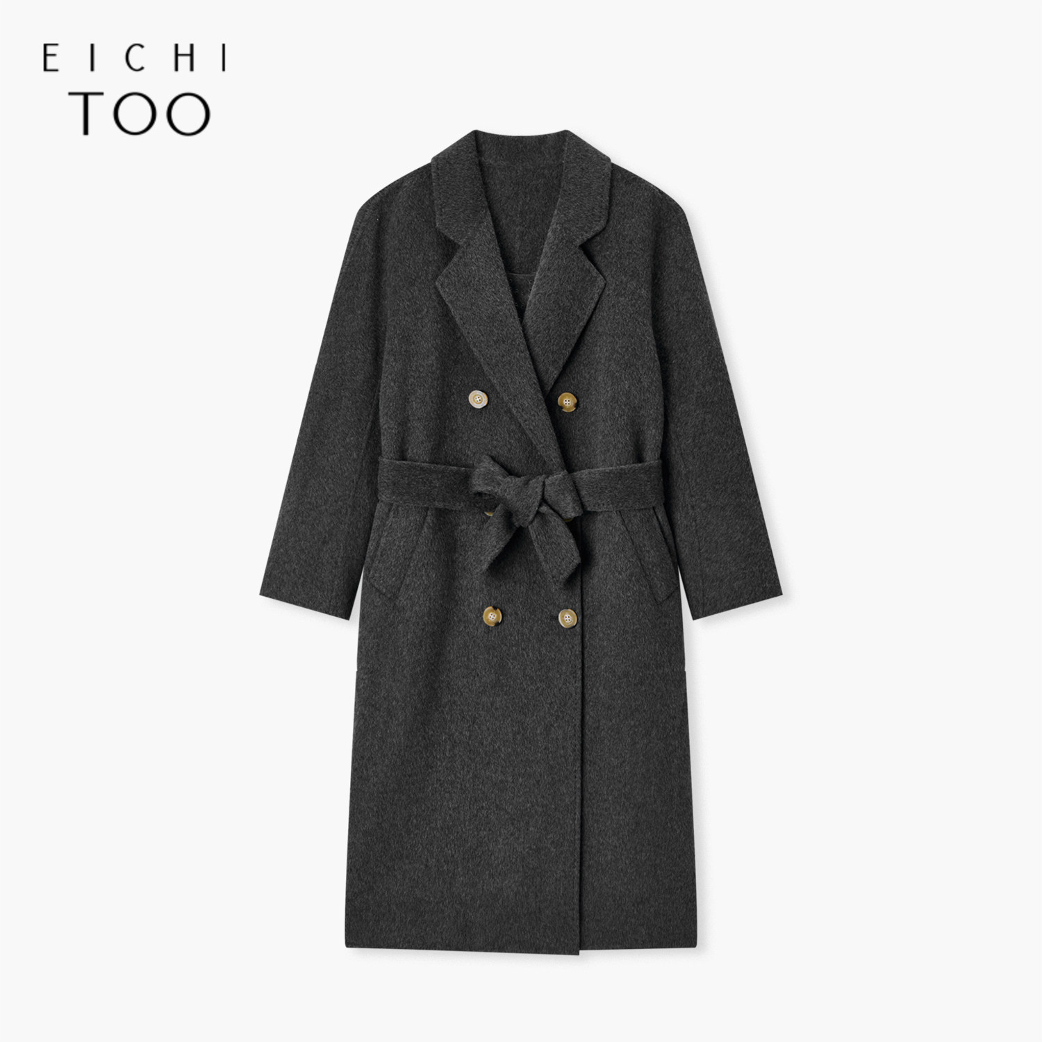 爱居兔100%羊毛双面呢大衣冬季新款通勤西装领长款毛呢外套