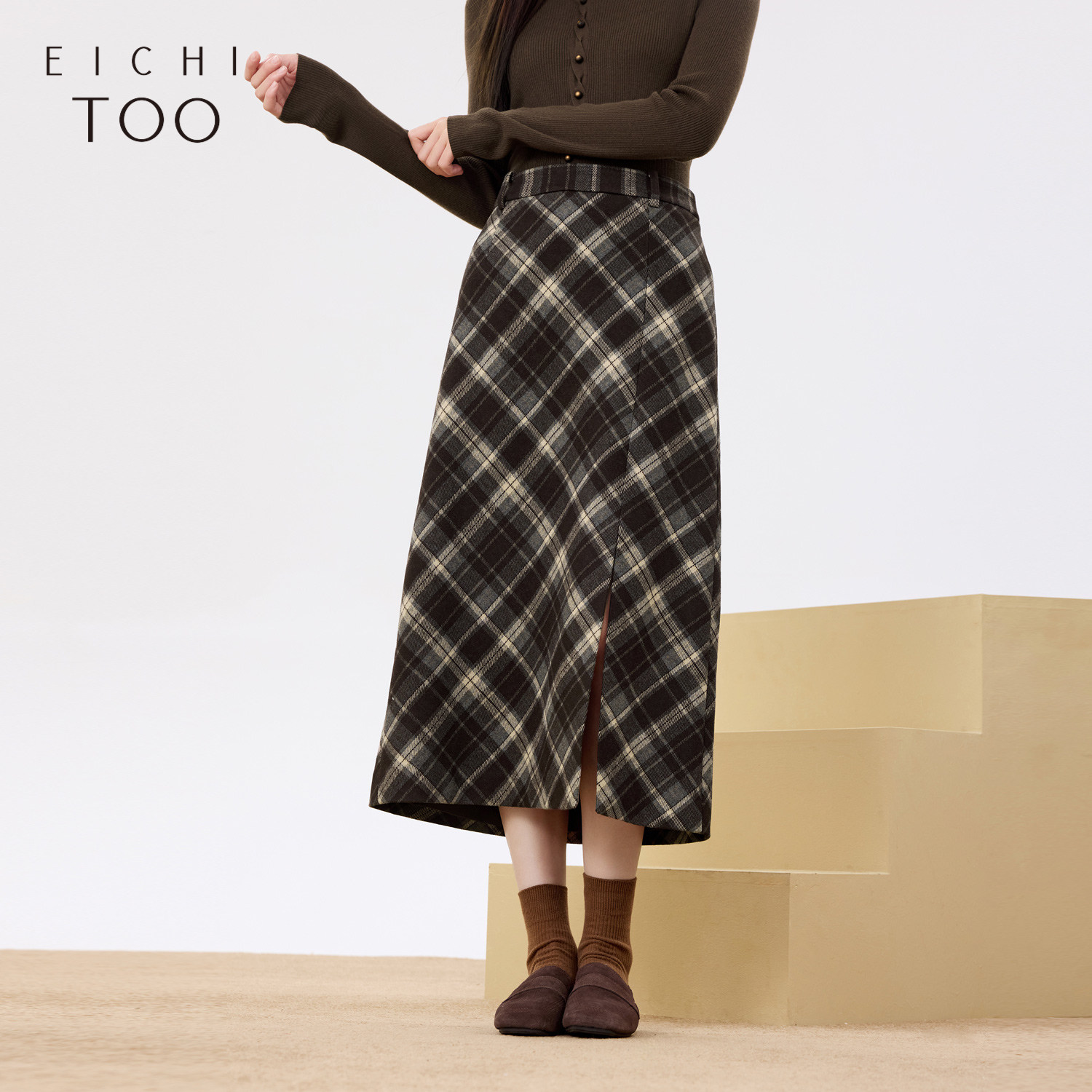 爱居兔中长款半身裙女春秋新款复古高腰开叉格纹单裙,女装/女士精品,半身裙,淘宝优惠券,粉丝福利购,淘宝优惠卷