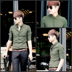 男士修身型夏季军绿潮男中袖衬衫新款七分袖韩版男式衬衫休闲衬衣