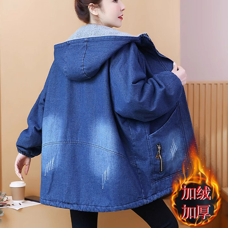 加绒加厚女士拉链牛仔羊羔毛外套