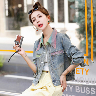 推荐 夹克翻领短款 复古彩色牛仔外套女2025春季 工装 新款 自留爆款