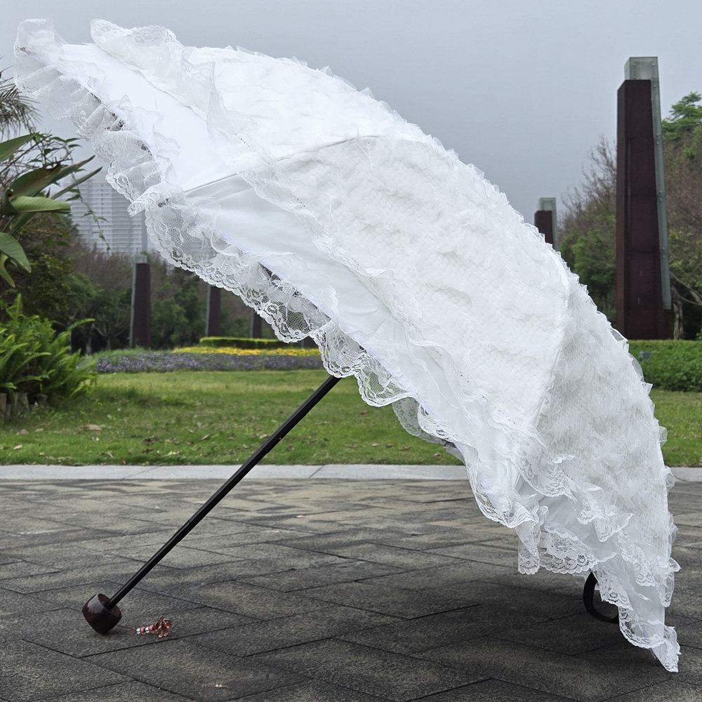 太阳伞双层立体波浪蕾丝花边黑胶防晒防紫外线纯白色折叠晴雨洋伞