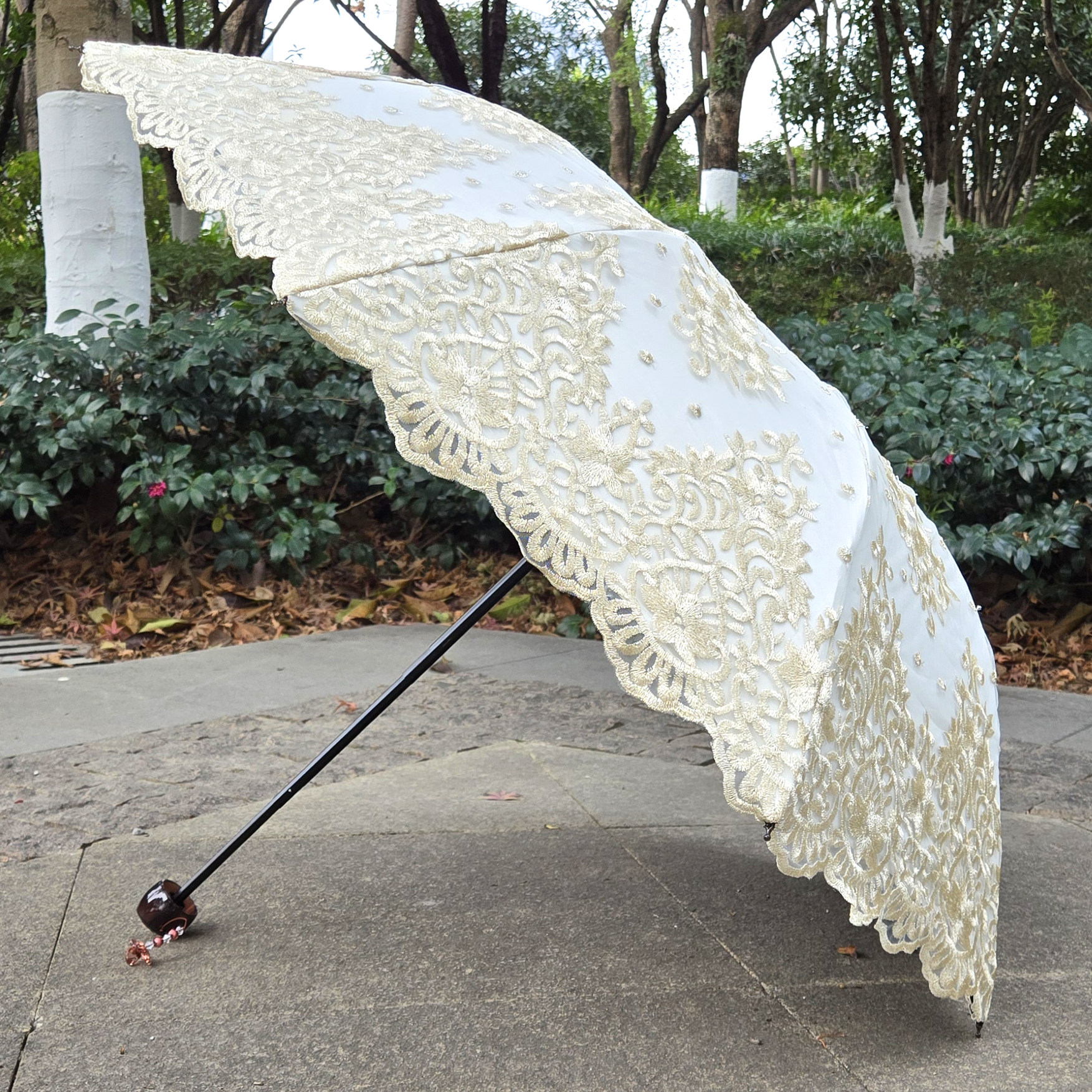 太阳伞防晒防紫外线黑胶金线刺绣蕾丝花边双层折叠晴雨伞遮阳伞女