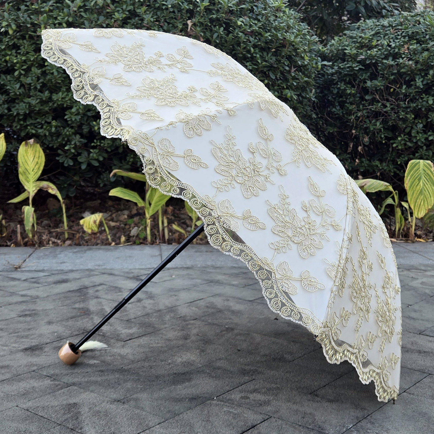 太阳伞金线刺绣花边蕾丝黑胶防晒复古晴雨伞女士遮阳伞折叠伞