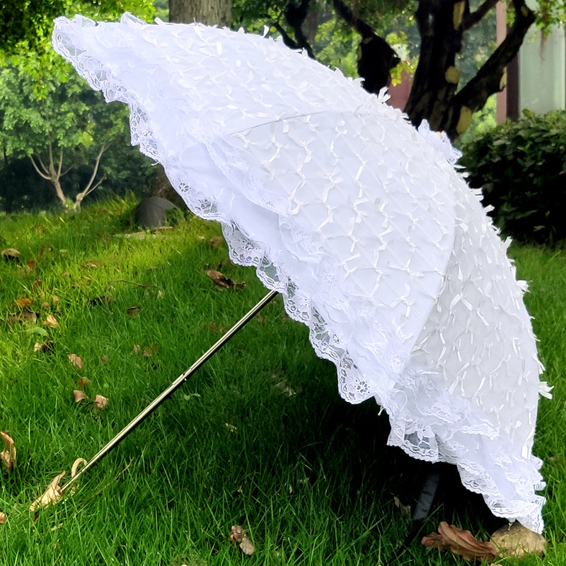 太阳伞防晒防紫外线二折叠双层蝴蝶结网纱蕾丝花边黑胶法式晴雨伞