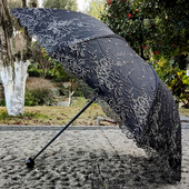 轻奢太阳伞双层黑色银线刺绣网纱黑胶防晒防紫外线二折三折晴雨伞