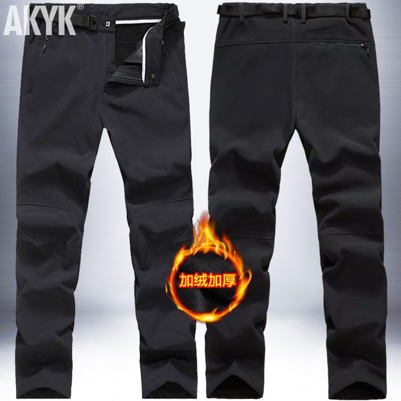 冬季户外休闲裤男速干裤加绒加厚软壳裤宽松直筒弹力冲锋裤运动裤
