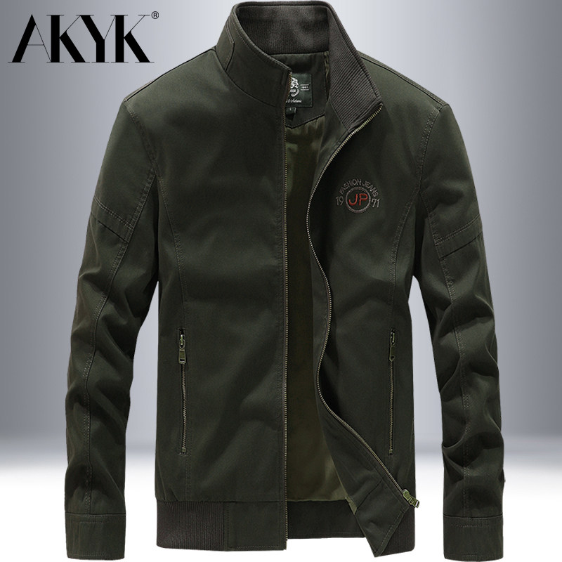 AKYK春秋款男士纯棉立领夹克宽松大码百搭爸爸装休闲工装开衫外套