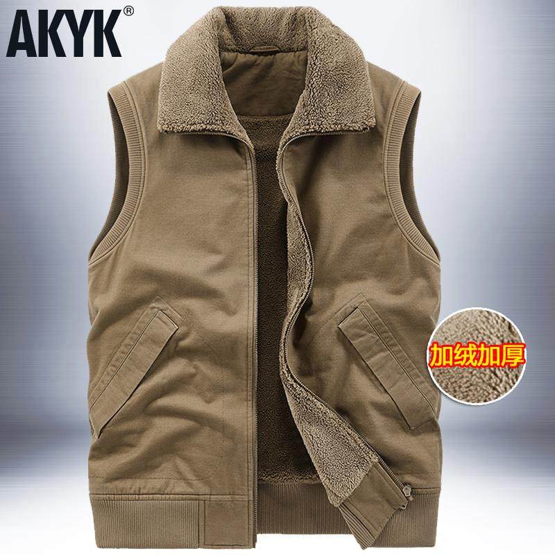 秋冬季翻领马甲男加绒加厚纯棉宽松大码无袖坎肩户外休闲背心马夹