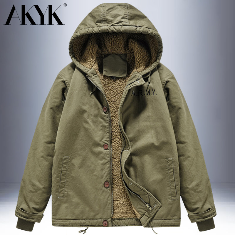 AK秋冬季连帽羊羔绒棉服男外套纯棉加绒加厚宽松保暧工装休闲棉服