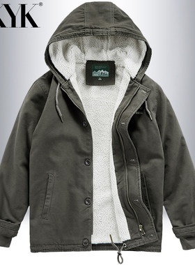 AKYK羊羔绒连帽棉衣男冬季加厚加绒棉袄宽松大码纯棉外套休闲棉服