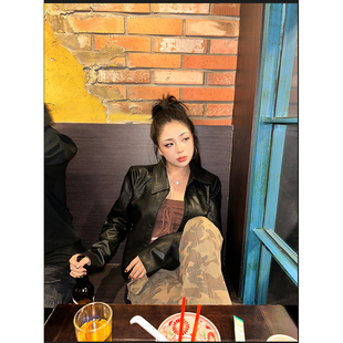春季 简约ins风正肩短款 可什么乐辣 新款 皮衣 显瘦版