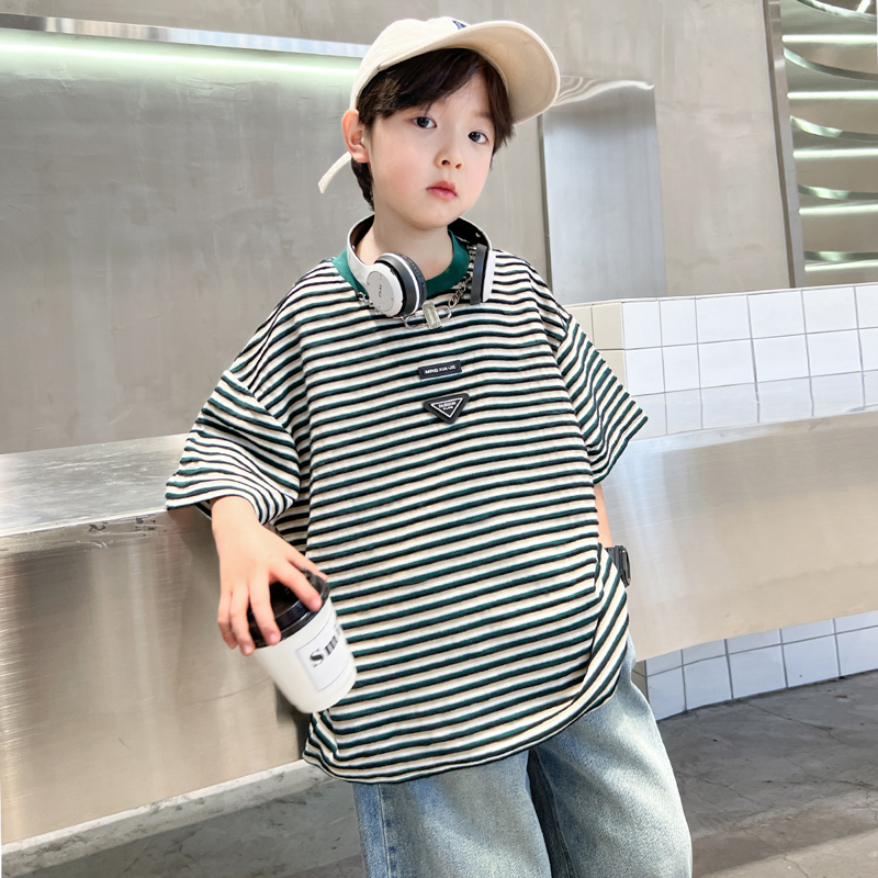 儿童装男童夏装短袖T恤大童2025新款男孩夏季痞帅条纹衣服炸街潮t