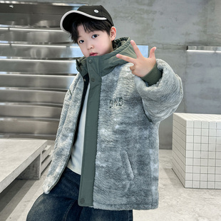男童中大童冬季毛毛衣外套2024新款男孩酷帅加绒加厚棉衣秋冬款潮