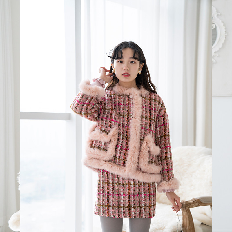 呢子大衣女原创粉兔毛小香风套装粗花呢水貂绒两穿外套冬加棉加厚