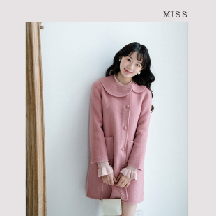 小个子毛呢原创外套冬季新款娃娃领甜美粉色宽松双面呢羊毛大衣
