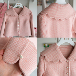 俏皮活泼两件套装2024双面羊毛粉色复古小洋装成套搭配减龄套装裙